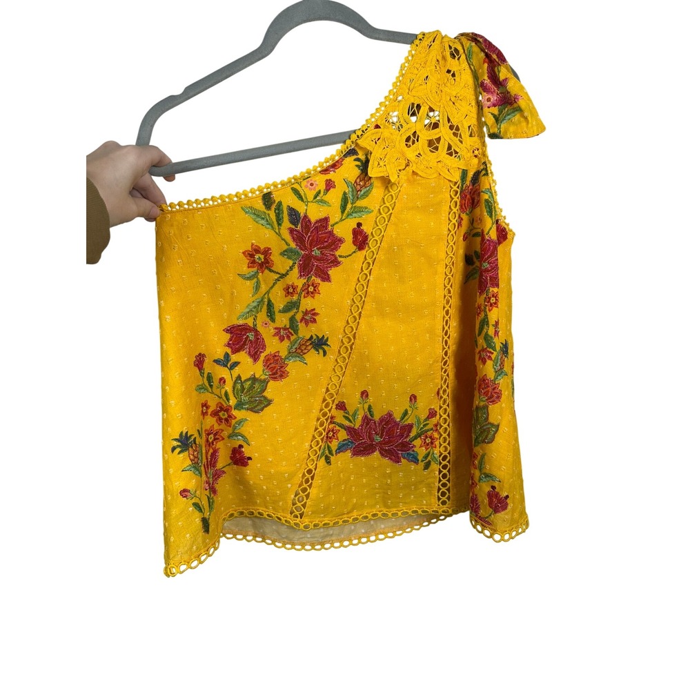 Farm Rio Flower Dream One Shoulder Blouse Womens M Yellow NWT Floral Embroidered